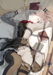 Rule 34 | 1girl, bed, belt, black legwear, black shirt, black skirt, blue eyes, blush, book, bow, bowtie, breasts, feet out of frame, grey jacket, grey skirt, hair ornament, highres, holding, holding book, indoors, jacket, layered skirt, long sleeves, looking at viewer, official art, on bed, one side up, parted lips, pillow, red bow, red bowtie, second-party source, shirt, short hair, sidelocks, siesta (tantei wa mou shindeiru), skirt, small breasts, solo, tantei wa mou shindeiru, umibouzu (niito), white hair, window shadow, wooden floor, x hair ornament