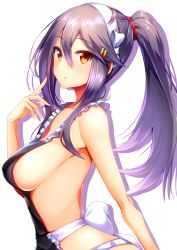 Rule 34 | 1girl, apron, bare shoulders, black apron, black hair, blush, breasts, brown eyes, closed mouth, collarbone, from side, hair ornament, hairband, hairclip, hand up, haruna (kancolle), highres, kantai collection, large breasts, long hair, looking at viewer, no bra, panties, ponytail, solo, tsukui kachou, underwear, white panties