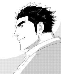 Rule 34 | 1boy, bara, fle0423, from side, graphite (medium), greyscale, hair slicked back, highres, long sideburns, looking at viewer, looking back, male focus, protagonist 3 (housamo), monochrome, short hair, sideburns, smile, solo, thick eyebrows, tokyo houkago summoners, traditional media, upper body