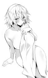 Rule 34 | 1girl, ahoge, areola slip, arm support, blush, breasts, collarbone, commentary request, covering privates, fate/grand order, fate (series), from above, greyscale, highres, hxd, jeanne d&#039;arc (fate), jeanne d&#039;arc alter (avenger) (fate), jeanne d&#039;arc alter (fate), large breasts, looking at viewer, monochrome, naked towel, nude, nude cover, shiny skin, short hair, simple background, sitting, thighs, towel, tsurime, white background