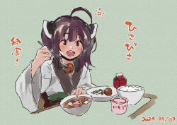 Rule 34 | 1girl, :d, ahoge, blush, bowl, brown eyes, brown hair, chair, commentary request, dated, food, food request, fork, green background, headgear, holding, holding fork, japanese clothes, kimono, lamb (hitsujiniku), long sleeves, looking at viewer, obi, on chair, open mouth, plate, rice, sash, sitting, smile, solo, table, teeth, touhoku kiritan, translation request, twintails, upper teeth only, voiceroid, white kimono, wide sleeves
