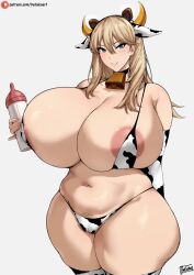 Rule 34 | 1girl, animal ears, animal print, areola slip, bare shoulders, batako (batakoart), bell, bikini, blonde hair, blue eyes, bottle, breasts, cleavage, cow ears, cow horns, cow print, cow print bikini, cowbell, curvy, elbow gloves, female pubic hair, frigga (last origin), gloves, grey background, highres, holding, holding bottle, horns, huge breasts, large areolae, last origin, long hair, looking at viewer, mature female, milk bottle, mole, mole under mouth, navel, neck bell, plump, print bikini, print gloves, print thighhighs, pubic hair, pubic hair peek, simple background, smile, solo, swimsuit, thick thighs, thighhighs, thighs, wide hips