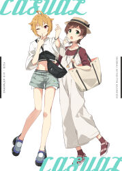 2girls ahoge black_bag black_tank_top blonde_hair breasts brown_hair brown_shirt brown_socks closed_mouth collarbone denim denim_shorts dot_nose english_text finger_heart flat_chest flipped_hair full_body green_eyes hair_flaps hand_to_own_mouth hat highres ibuki_tsubasa idolmaster idolmaster_million_live! idolmaster_million_live!_theater_days jewelry kinoshita_hinata light_blush long_sleeves looking_at_viewer midriff multiple_girls navel necklace one_eye_closed open_mouth overalls parted_bangs porkpie_hat red_eyes sandals shirt short_hair shorts sidelocks sleeves_rolled_up small_breasts socks standing tank_top w white_bag white_footwear white_overalls white_shirt yoshito