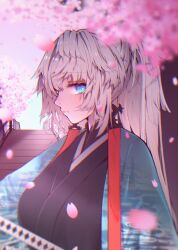 Rule 34 | 1girl, absurdres, black kimono, blue eyes, breasts, cherry blossoms, earrings, fate/samurai remnant, fate (series), green kimono, highres, japanese clothes, jewelry, katana, kimono, large breasts, long hair, long sleeves, looking at viewer, ponytail, qian chang zhe zhi, sidelocks, solo, sword, weapon, white hair, yui shousetsu (fate)