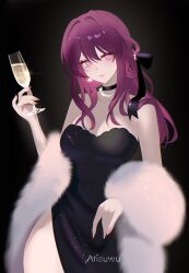 Rule 34 | 1girl, 707arisu, bare shoulders, bead necklace, beads, black background, black choker, black dress, choker, commentary request, cowboy shot, cup, dress, drinking glass, feather boa, hand up, highres, holding, holding cup, honkai: star rail, honkai (series), jewelry, kafka (honkai: star rail), long hair, looking at viewer, necklace, pink lips, purple eyes, purple hair, simple background, smile, solo, standing, strapless, strapless dress, wine glass