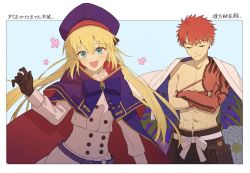 Rule 34 | 1boy, 1girl, abs, artoria caster (fate), artoria caster (second ascension) (fate), artoria pendragon (fate), bad id, bad twitter id, belt, black gloves, blonde hair, blue eyes, blue headwear, blush, bow, buttons, cape, cloak, closed eyes, coat, crossed arms, emiya shirou, fate/grand order, fate (series), floral print, flower, gloves, hair between eyes, hat, highres, igote, kikageee, limited/zero over, open mouth, orange hair, senji muramasa (fate), smile, toned, toned male, two-sided cloak, two-sided fabric, upper body, white cape