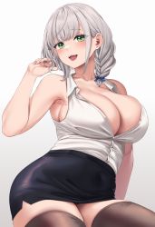 Rule 34 | 1girl, bare shoulders, black skirt, blush, braid, breasts, brown thighhighs, cleavage, collarbone, collared shirt, gradient background, green eyes, grey hair, highres, hololive, large breasts, looking at viewer, low twin braids, moisture (chichi), open mouth, pencil skirt, shirogane noel, shirt, short hair, skirt, sleeveless, sleeveless shirt, smile, solo, thick thighs, thighhighs, thighs, twin braids, virtual youtuber, white background, white shirt