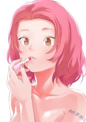 Rule 34 | 1girl, applying makeup, arm tattoo, bare shoulders, brown eyes, closed mouth, commentary request, cosmetics, girls und panzer, highres, holding, holding lipstick tube, lips, lipstick, lipstick tube, looking at viewer, makeup, medium hair, oze (xyz go go11), portrait, red hair, rosehip (girls und panzer), simple background, solo, symbol-only commentary, tattoo, twitter username, white background