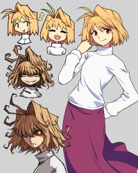 Rule 34 | 1girl, absurdres, antenna hair, arcueid brunestud, blonde hair, colored sclera, curly hair, grey background, hair intakes, highres, long skirt, long sleeves, looking at viewer, multiple persona, notice lines, one eye closed, open mouth, purple skirt, red arcueid, red eyes, red sclera, short hair, skirt, slit pupils, smile, solo, spdcooler, sweater, tsukihime, turtleneck, turtleneck sweater, white sweater, yellow eyes