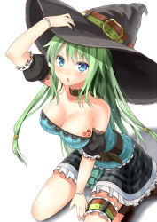 Rule 34 | 1girl, :o, alexmaster, belt, blue eyes, blue hair, blush, bracelet, breasts, cleavage, collar, collarbone, frills, green hair, hand on head, hand on headwear, hat, highres, jewelry, kneeling, lace, long hair, matching hair/eyes, original, plaid, plaid skirt, sitting, skirt, solo, thigh strap, wariza, witch, witch hat