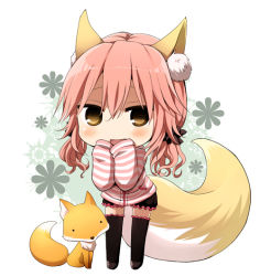 Rule 34 | 10s, 1girl, animal, animal ears, black thighhighs, blush, casual, chibi, fate/extra, fate (series), fox, fox ears, fox tail, hair ornament, kujiran, long hair, looking at viewer, official alternate costume, open mouth, pink hair, solo, tail, tamamo (fate), tamamo no mae (fate/extra), tamamo no mae (spring casual) (fate), thighhighs, twintails, yellow eyes