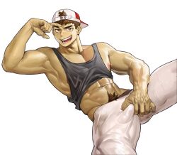 Rule 34 | 1boy, abs, backwards hat, bara, baseball cap, brown male underwear, bulge, character request, colored skin, come hither, commission, crotch grab, erection, erection under clothes, feet out of frame, grey tank top, hand up, hat, highres, large pectorals, looking at viewer, male focus, male underwear, male underwear peek, midriff peek, muscular, muscular male, navel, navel hair, nipples, original, pectoral cleavage, pectorals, second-party source, seductive smile, short hair, sidepec, smile, solo, spread legs, tank top, thick eyebrows, thick thighs, thighs, underwear, uza (hellme), veins, veiny hands, yellow skin