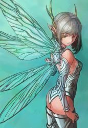 Rule 34 | 1girl, :/, antlers, ass, asymmetrical hair, bare shoulders, closed mouth, cowboy shot, detached sleeves, fairy, green eyes, horns, insect wings, leotard, long sleeves, medium hair, multicolored background, original, pointy ears, silver hair, solo, thighhighs, vaison, white leotard, white sleeves, white thighhighs, wings