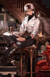 Rule 34 | 1boy, animal, artist name, bird, bird boy, bird wings, bishounen, black footwear, black sweater, book, breast pocket, brown background, brown eyes, brown hair, brown socks, brown theme, brown wings, chair, cockatiel, collared jacket, colored eyelashes, crossed legs, cup, duck, feathered wings, food, full body, highres, holding, holding animal, holding bird, indoors, instrument, jacket, long hair, long sleeves, looking at animal, male focus, mug, multicolored hair, open mouth, original, osprey, osprey 0725, parrot, pastry, piano, picture frame, pigeon, pocket, signature, sitting, socks, solo, staff, stairs, streaked hair, sweater, turtleneck, turtleneck sweater, white hair, white jacket, wings