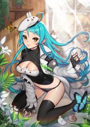 Rule 34 | 1girl, animal hat, black gloves, black panties, black thighhighs, blue hair, bra, breasts, bug, butterfly, cleavage, cleavage cutout, clothing cutout, coat, delphine (qurare), fingerless gloves, flower, garugaru, glasses, gloves, hat, highres, insect, jewelry, kneeling, leaf, lips, long hair, looking at viewer, medium breasts, meme attire, navel, necklace, open-chest sweater, panties, parted lips, plant, pointy ears, print bra, qurare magic library, rabbit, rabbit hat, ribbed sweater, semi-rimless eyewear, solo, sweater, thighhighs, under-rim eyewear, underwear, very long hair, water drop, yellow eyes