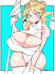 Rule 34 | 1girl, artoria pendragon (all), artoria pendragon (fate), artoria pendragon (lancer) (fate), artoria pendragon (swimsuit ruler) (fate), artoria pendragon (swimsuit ruler) (second ascension) (fate), blonde hair, blue eyes, breasts, cleavage, cleavage cutout, clothing cutout, fate/grand order, fate (series), huge breasts, question mark, solo, speech bubble, sweat