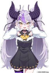 Rule 34 | 1girl, ahoge, black horns, braid, braided bangs, collar, grey hair, highres, hololive, horns, la+ darknesss, la+ darknesss (1st costume), long hair, looking at viewer, metal collar, multicolored hair, pointy ears, purple hair, solo, streaked hair, striped horns, tosyeo, twintails, virtual youtuber, yellow eyes