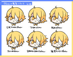 Rule 34 | 1boy, :&gt;, ahoge, alternate hairstyle, bandage over one eye, blonde hair, blush stickers, character name, commentary, framed image, head only, male focus, minahoshi taichi, multiple views, oliver (vocaloid), smile, translated, vocaloid, white background, yellow eyes, yellow neckwear