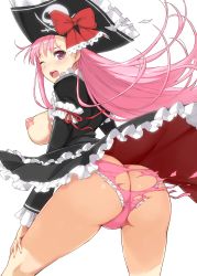 Rule 34 | 1girl, absurdres, ass, black hat, black jacket, blush, bow, breasts, captain liliana, frilled panties, frills, from behind, hat, highres, jacket, jewelry, jolly roger, large breasts, long hair, looking at viewer, morisawa haruyuki, no bra, nose blush, official art, one eye closed, open mouth, panties, pasties, pink eyes, pink hair, pink panties, pirate, pirate hat, pleated skirt, queen&#039;s blade, queen&#039;s blade rebellion, red bow, ribbon, skirt, skull and crossbones, skull and crossed swords, solo, star pasties, starfish, teeth, thighs, torn clothes, torn jacket, torn panties, underwear, upper teeth only, very long hair, wind, wind lift