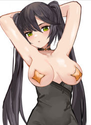 Rule 34 | 1girl, armpits, arms behind head, arms up, bad id, bad pixiv id, black choker, black hair, blush, breasts, choker, collarbone, covered erect nipples, genshin impact, green eyes, hair between eyes, large breasts, long hair, looking at viewer, lyk wuyan, mona (genshin impact), parted lips, pasties, simple background, skindentation, solo, summer, topless, twintails, very long hair, white background