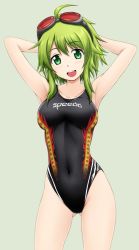 Rule 34 | 1girl, :d, ahoge, armpits, arms behind head, arms up, blush, breasts, collarbone, company name, competition swimsuit, covered navel, cowboy shot, fuuma nagi, goggles, goggles on head, gradient background, green background, green eyes, green hair, groin, gumi, head tilt, highleg, highleg swimsuit, matching hair/eyes, one-piece swimsuit, open mouth, short hair, short hair with long locks, smile, solo, speedo (company), standing, swimsuit, thighs, vocaloid