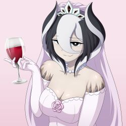Rule 34 | 1girl, absurdres, alcohol, black eyes, black hair, breasts, bridal gauntlets, bridal veil, cleavage, cup, dress, drinking glass, hair between eyes, heart, heart-shaped pupils, highres, holding, holding cup, jewelry, looking at viewer, made in abyss, medium breasts, multicolored hair, necklace, ozen, pearl necklace, pink background, red wine, simple background, smugbuns, solo, symbol-shaped pupils, tiara, two-tone hair, veil, wedding dress, white hair, wine, wine glass