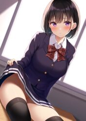 Rule 34 | 1girl, black hair, black thighhighs, blazer, blue jacket, blue skirt, blush, bob cut, bow, bowtie, classroom, closed mouth, clothes lift, collared shirt, commentary request, desk, indoors, jacket, karutamo, lifted by self, long sleeves, looking at viewer, no panties, on desk, original, pleated skirt, purple eyes, school desk, school uniform, shirt, sitting, on desk, skirt, skirt hold, skirt lift, solo, thighhighs, window