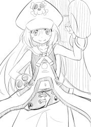 Rule 34 | 1girl, anchor, arc system works, belt, fang, flat chest, greyscale, guilty gear, guilty gear xrd, hand on own hip, hat, lineart, long hair, may (guilty gear), monochrome, navel, over shoulder, pants, pirate hat, poncocchan, smile, solo, weapon, weapon over shoulder