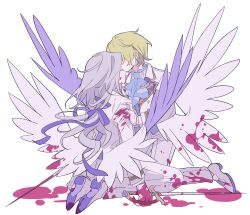 Rule 34 | 2boys, ascot, blood, blood on clothes, blood on hands, blood splatter, bloody weapon, bloody wings, blue ascot, ensemble stars!, face-to-face, facing another, feathered wings, full body, gloves, green hair, grey hair, hand on another&#039;s arm, highres, holding, holding sword, holding weapon, idol clothes, long hair, long sleeves, male focus, meremero, multiple boys, pants, ran nagisa, rapier, shoe soles, short hair, sitting, sword, tomoe hiyori, weapon, white background, white gloves, white pants, white wings, wings, yaoi