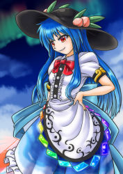 Rule 34 | 1girl, aurora, black hat, blue hair, blue skirt, commentary request, covered navel, cowboy shot, food, fruit, hand on own hip, hat, hinanawi tenshi, holding, holding weapon, keystone, long hair, looking at viewer, mail (mail gell), night, night sky, peach, puffy short sleeves, puffy sleeves, rainbow order, red eyes, shirt, shoes, short sleeves, skirt, sky, solo, standing, sword, sword of hisou, touhou, weapon, white shirt