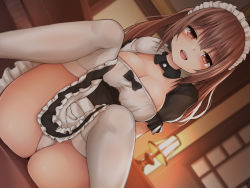 Rule 34 | 1girl, black bow, black dress, bow, breasts, brown eyes, brown hair, cleavage, detached collar, dress, dutch angle, frilled dress, frilled hairband, frills, gloves, hairband, indoors, lamp, large breasts, long hair, looking at viewer, maid, mizushina minato, open mouth, original, panties, pantyshot, sitting, smile, solo, spread legs, thighhighs, twintails, underwear, upskirt, victorian maid, white gloves, white hairband, white panties, white thighhighs