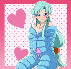 Rule 34 | 1990s (style), 1boy, androgynous, bare shoulders, bishoujo senshi sailor moon, bishoujo senshi sailor moon supers, blue eyes, blue hair, bodysuit, fish eye (sailor moon), heart, kneeling, long hair, low-tied long hair, madokan59, male focus, matching hair/eyes, pointy ears, polka dot, polka dot background, retro artstyle, solo, trap