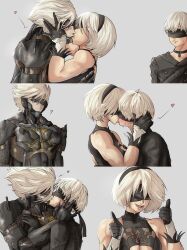 Rule 34 | 1girl, 2b (nier:automata), 2boys, 9s (nier:automata), absurdres, back cutout, bisexual male, black blindfold, black choker, black hairband, blindfold, breasts, choker, clothing cutout, color connection, commentary, covered eyes, cyborg, english commentary, eyepatch, feather trim, hair color connection, hairband, hand on another&#039;s face, hetero, highres, kiss, large breasts, look-alike, mechanical parts, metal gear (series), metal gear rising: revengeance, mole, mole under mouth, multiple boys, muscular, muscular female, nier:automata, nier (series), raiden (metal gear), short hair, smile, thumbs up, yaoi, yoracrab
