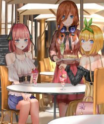 Rule 34 | 3girls, back, bag, bare shoulders, black ribbon, black shirt, blue eyes, blue skirt, blunt bangs, blurry, blurry background, blush, bob cut, breasts, brown hair, brown jacket, cafe, casual, chair, collarbone, commentary request, detached sleeves, food, frilled sleeves, frills, fruit, go-toubun no hanayome, green hairband, green ribbon, hair between eyes, hair ribbon, hairband, handbag, headphones, headphones around neck, highres, ice cream, jacket, large breasts, long hair, long skirt, long sleeves, looking at viewer, macaron, menu board, multiple girls, nakano miku, nakano nino, nakano yotsuba, neck ribbon, off-shoulder shirt, off shoulder, open mouth, outdoors, pink hair, pleated skirt, red skirt, ribbon, sandwich, shiranui (nisioisin sinob), shirt, short hair, siblings, sisters, sitting, skirt, smile, star (symbol), strawberry, sundae, table, two side up, umbrella, white shirt, white sleeves