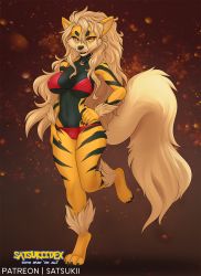 Rule 34 | 1girl, alternate color, animal ears, animal hands, arcanine, artist name, bikini, blonde hair, breasts, brown background, claws, covered erect nipples, creatures (company), english text, fangs, feet, female focus, fox tail, full body, furry, furry female, game freak, gen 1 pokemon, half-closed eyes, hand on own hip, highres, jewelry, large breasts, leg up, long hair, looking at viewer, navel, necklace, nintendo, patreon, patreon username, personification, poke ball theme, pokemon, pokemon (creature), pokemon rse, red bikini, satsukii, shiny pokemon, simple background, smile, solo, standing, standing on one leg, swimsuit, tail, teeth, text focus, yellow eyes