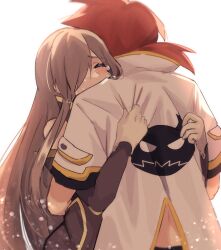 Rule 34 | 1boy, 1girl, aomattya, bare shoulders, black shirt, brown dress, brown hair, brown sleeves, closed eyes, commentary request, couple, cropped shirt, detached sleeves, dress, from behind, gloves, hair over one eye, high collar, highres, hug, light blush, light particles, long hair, luke fon fabre, official alternate hair length, official alternate hairstyle, one eye covered, red hair, shirt, short hair, short sleeves, sidelocks, swept bangs, tales of (series), tales of the abyss, tear grants, tears, upper body, white background, white gloves