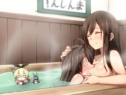 Rule 34 | 10s, 3girls, @ @, ahoge, akagi (kancolle), bad id, bad pixiv id, bath, bathing, between breasts, black hair, blonde hair, blush, breast smother, breasts, brown hair, closed eyes, collarbone, face to breasts, hair down, hairband, hand on another&#039;s head, head between breasts, head on chest, innertube, kantai collection, kongou (kancolle), large breasts, long hair, multiple girls, nude, open mouth, rensouhou-chan, shimakaze (kancolle), shinsono shiroko, smile, swim ring, swimming, water, wet, yuri