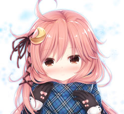 Rule 34 | 1girl, ahoge, black gloves, blue scarf, blush, bow, brown eyes, brown ribbon, closed mouth, commentary request, crescent, crescent hair ornament, enpera, gloves, hair between eyes, hair ornament, hair ribbon, hands up, head tilt, highres, kantai collection, long hair, long sleeves, looking at viewer, nose blush, pink bow, pink hair, plaid, plaid scarf, ribbon, scarf, shizukawashi sumi, solo, sweat, upper body, uzuki (kancolle), wavy mouth