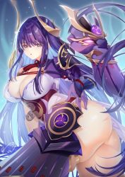 Rule 34 | 1girl, ass, breasts, deep skin, genshin impact, highres, horns, huge ass, japanese clothes, kimono, large breasts, leotard, long hair, looking at viewer, obiwan, official alternate costume, open mouth, purple eyes, purple hair, raiden shogun, shiny skin, solo, thick thighs, thighhighs, thighs, very long hair