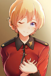 Rule 34 | 10s, 1girl, ;), arito arayuru, beige background, blonde hair, blush, braid, breasts, buttons, closed mouth, collar, darjeeling (girls und panzer), french braid, girls und panzer, hands on own chest, head tilt, highres, large breasts, long sleeves, military, military uniform, one eye closed, purple eyes, short hair, simple background, sleeve cuffs, smile, solo, tareme, teasing, uniform, upper body