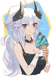 Rule 34 | 1girl, :t, ahoge, asicah, black collar, black tank top, blush, collar, dated, fingerless gloves, food, gloves, holding, holding food, horns, ice cream, ice cream cone, long hair, looking at viewer, original, purple eyes, smile, solo, tank top, upper body, very long hair, white gloves, white hair