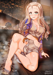 Rule 34 | 1girl, ass, barefoot, blonde hair, blush, breasts, cleavage, cloud, cloudy sky, collarbone, covered navel, drill hair, feet, girls und panzer, green eyes, highres, japanese clothes, kimono, large breasts, long hair, looking at viewer, marie (girls und panzer), megadeko, no bra, no panties, onsen, open mouth, partially submerged, sitting, sky, smile, soaking, soaking feet, solo, steam, sweat, water, wavy mouth