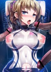 Rule 34 | 10s, 1girl, armpit sex, arms up, bad id, bad pixiv id, bar censor, blue eyes, blush, bodysuit, breasts, brown hair, censored, covered navel, cowboy shot, crotchless, cum, cum on clothes, cum on hair, ejaculation, fellatio, female pubic hair, gundam, gundam build fighters, gundam build fighters try, heart, heart-shaped pupils, highres, hoshino fumina, large breasts, looking at viewer, multiple penises, navel, nippleless clothes, nipples, oral, penis, pubic hair, pussy, sex, silly (marinkomoe), solo focus, symbol-shaped pupils, tongue, tongue out, torn bodysuit, torn clothes, vaginal, veins, veiny penis