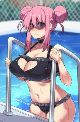 Rule 34 | 1girl, absurdres, alternate hairstyle, antenna hair, bikini, black bikini, black choker, blue eyes, blurry, blurry background, bocchi the rock!, breasts, choker, cleavage cutout, clothing cutout, collarbone, commentary, double bun, gotoh hitori, groin, hair bun, heart cutout, highres, hinghoi, large breasts, looking at viewer, medium hair, navel, outdoors, pink hair, pool, shaded face, sidelocks, solo, stomach, swimsuit, water