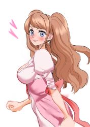 Rule 34 | 1girl, blush, bow, breasts, brown hair, charlotte pudding, closed mouth, dress, dress bow, heart, highres, large breasts, long hair, looking at viewer, one piece, pink dress, rita ya, sketch, smile, solo, twintails