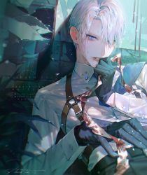 Rule 34 | 1boy, bishounen, black gloves, blood, blood on clothes, buckle, chest harness, collared shirt, gloves, grey hair, hair over one eye, harness, hato (dovecot), highres, looking at viewer, male focus, original, rain, shirt, short hair, solo, uniform, white hair