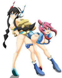 Rule 34 | 10s, 2girls, ass, ass-to-ass, bare shoulders, bent over, black hair, blue eyes, blush, boots, breast hold, breasts, coat, creatures (company), elesa (pokemon), fur coat, game freak, gloves, gym leader, hair ornament, headphones, highres, leaning, leaning forward, long hair, looking at viewer, multiple girls, nintendo, nipple slip, nipples, open mouth, pink hair, pokemon, pokemon bw, pokemon bw2, purple eyes, short shorts, shorts, skyla (pokemon), smile, twintails, xiaoking, yuri