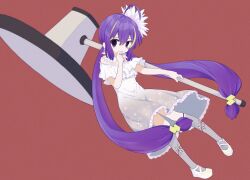 Rule 34 | 1girl, 7takada, ahoge, bare shoulders, blonde hair, dress, elbow gloves, finger to mouth, flower, frilled dress, frills, full body, gloves, gradient dress, grey dress, grey thighhighs, hair flower, hair ornament, hammer, hand up, holding, holding hammer, long hair, multicolored hair, off-shoulder dress, off shoulder, otomachi una, print thighhighs, purple eyes, red background, shoes, short sleeves, sidelocks, simple background, solo, streaked hair, thighhighs, twintails, very long hair, vocaloid, war hammer, weapon, white dress, white footwear, white gloves, white thighhighs, yellow footwear