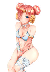 Rule 34 | 1girl, absurdres, bandaged arm, bandaged leg, bandages, bare shoulders, bikini, blue bikini, blue eyes, blush, breasts, cleavage, closed mouth, collarbone, detached sleeves, double bun, eyes visible through hair, fate/apocrypha, fate/grand order, fate (series), frankenstein&#039;s monster (fate), frankenstein&#039;s monster (swimsuit saber) (fate), frankenstein&#039;s monster (swimsuit saber) (second ascension) (fate), hair bun, hair ornament, hair over one eye, hairclip, head tilt, heterochromia, highres, horns, leg ribbon, long sleeves, looking at viewer, medium breasts, navel, noa yj, ocean, parted bangs, pink hair, ribbon, short hair, side bun, simple background, single detached sleeve, single horn, sitting, smile, solo, swimsuit, thigh ribbon, white background, yellow eyes