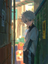 Rule 34 | 1boy, alley, blue eyes, blurry, blurry background, child, commentary, commentary request, day, hand in pocket, hunter x hunter, killua zoldyck, looking at viewer, male focus, messy hair, outdoors, shirt, short hair, shorts, solo, white hair, zukki (suzukio)